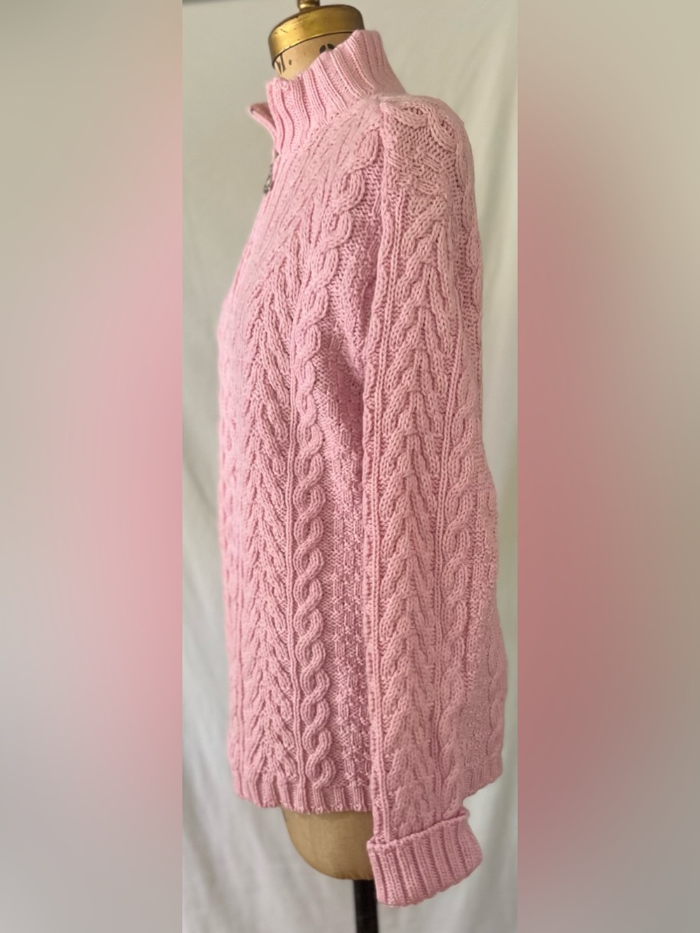 Aran Crafts Pink Merino Wool Quarter Zip Cable Knit Sweater M - Picture 2 of 10